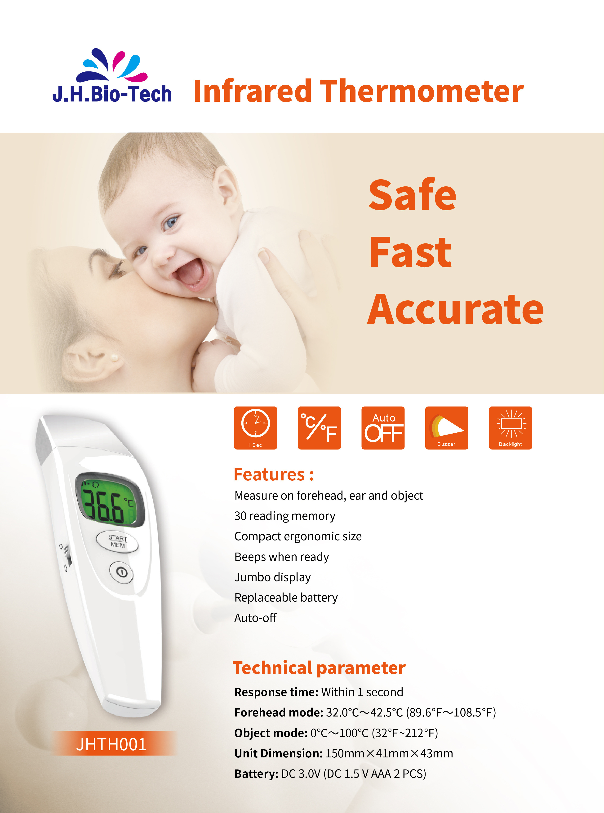 High quality LCD Display Infrared Digital Clinical Fever Forehead and Ear Baby Thermometer