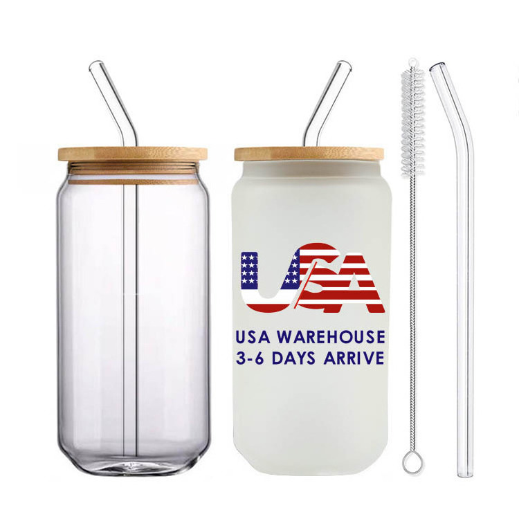 USA Warehouse 12oz 16oz 20oz 600ml Frosted Sublimation Libbey Soda Beer Can Shaped Glass with Bamboo Lid and Straw