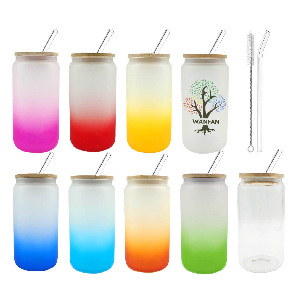 Wholesale 12oz 16oz 20oz 600ml Blank Frosted Sublimation Beer Can Gradient Tumbler Glass with Bamboo Lid and Glass Straw