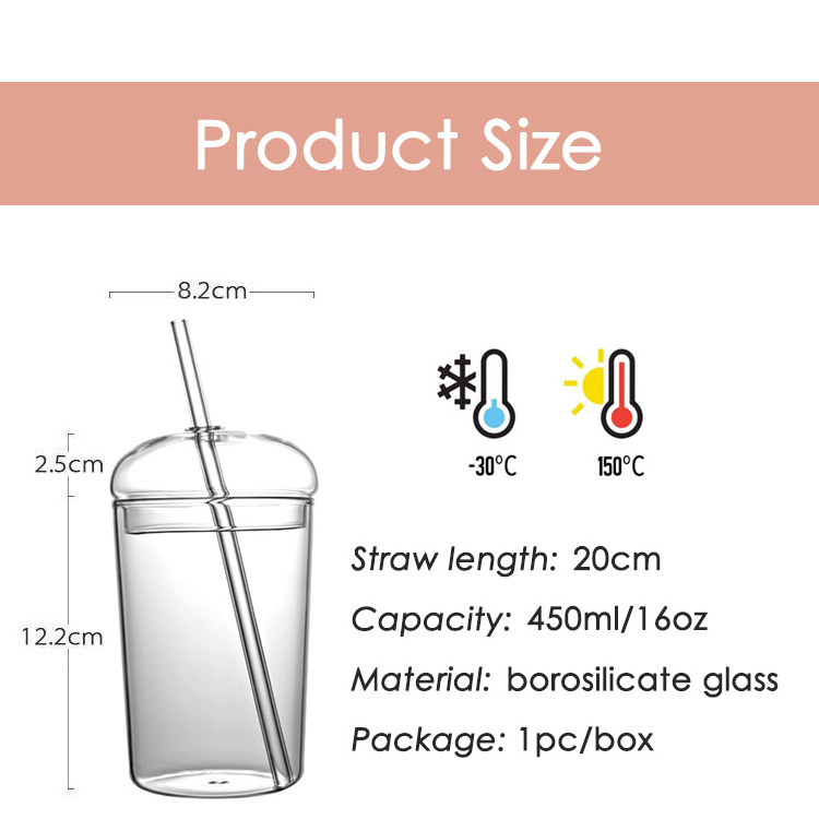 Creative Clear Heat Resisting Borosilicate 450ml 16oz Dome Lid Ice Cream Juice Bubble Tea Coffee Glass Cup Tumbler with Straw