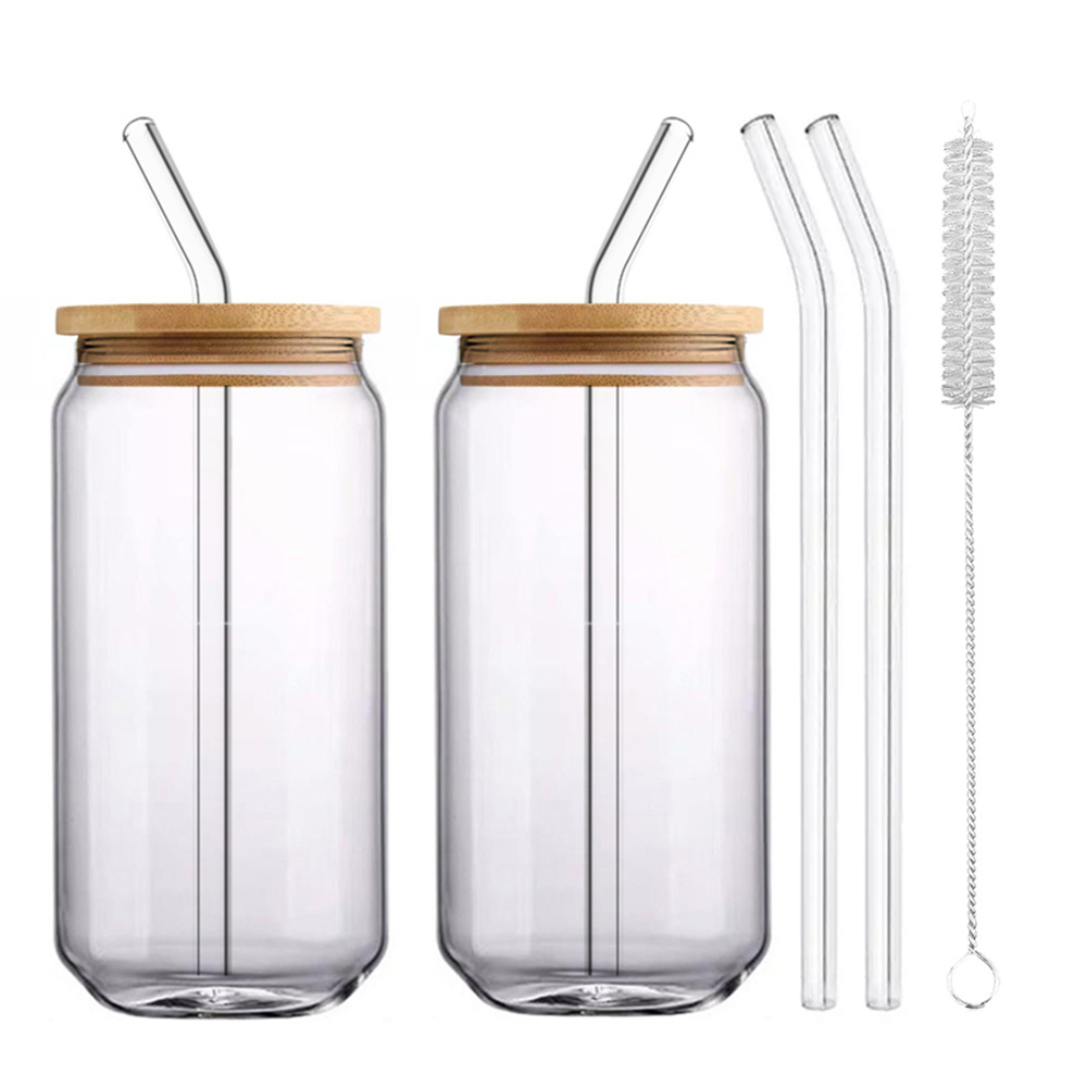 Best Selling 12oz 400ml Mini Small Blank Beer Soda Can Shaped Glass Cup with Bamboo Lid and Glass Straw