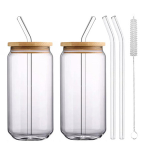 Best Selling 12oz 400ml Mini Small Blank Beer Soda Can Shaped Glass Cup with Bamboo Lid and Glass Straw