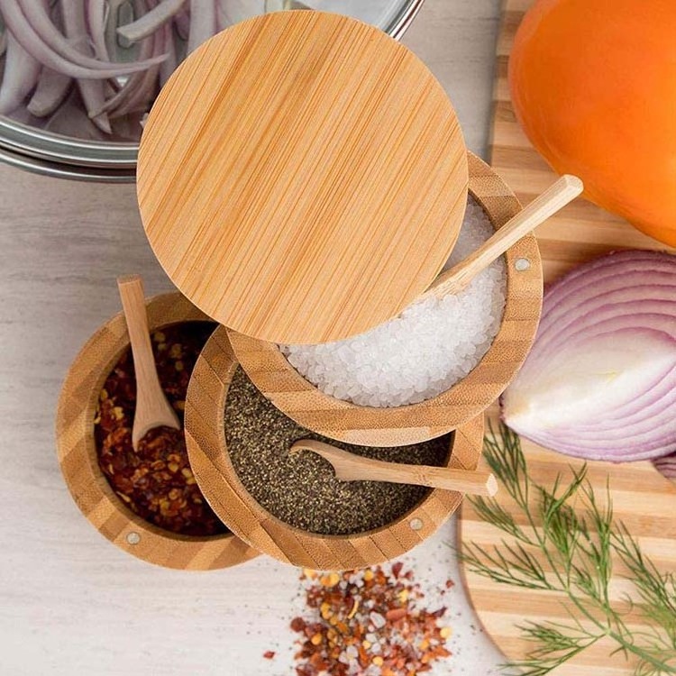 Best Selling Eco-friendly Kitchen Products Bamboo Wood Triple Salt Spices Storage Container Box with Magnetic Swivel Lids