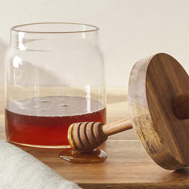 Unique Eco-friendly 500ml Large Transparent Round Home Empty Wood Lid Glass Honey Dispenser Pot Jar with Wooden Dipper