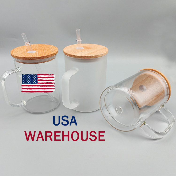 USA Warehouse Customizable thermal Clear Frosted Double Wall 15 17 oz Sublimation Blanks Beer Coffee Glass Mugs with Bamboo Lid