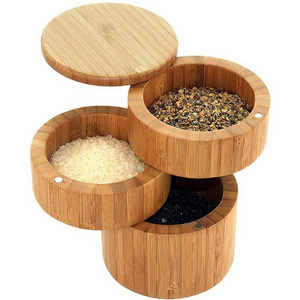 Best Selling Eco-friendly Kitchen Products Bamboo Wood Triple Salt Spices Storage Container Box with Magnetic Swivel Lids