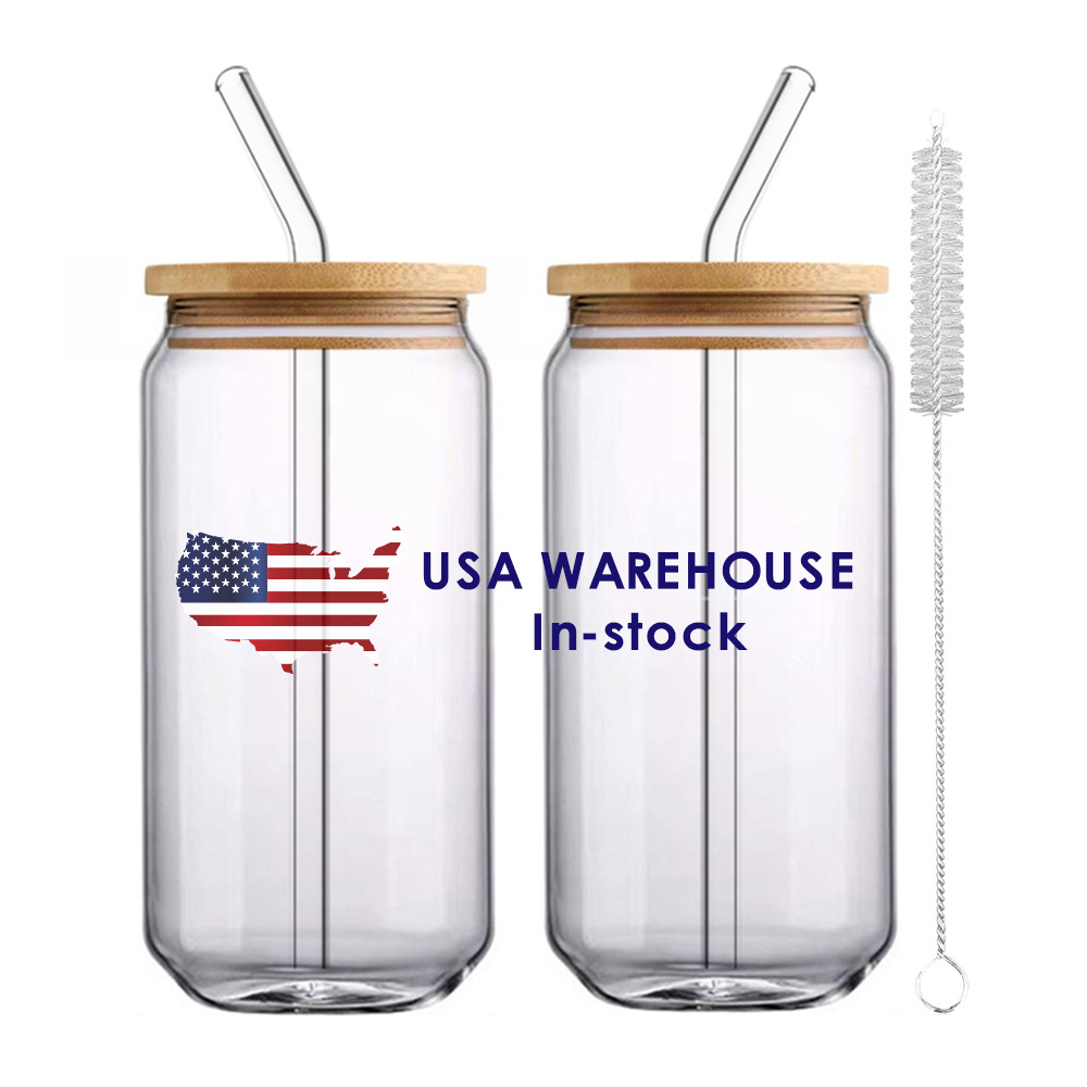 USA Warehouse Ready To Ship 16oz 20oz Vinyl Print Clear Soda Beer Can Shaped Glass with Bamboo Lid and Glass Straw