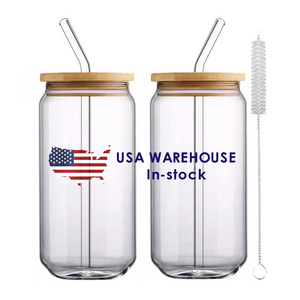 USA Warehouse Ready To Ship 16oz 20oz Vinyl Print Clear Soda Beer Can Shaped Glass with Bamboo Lid and Glass Straw