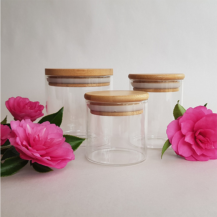 Wholesale Mini Small Transparent Clear Borosilicate Empty Round Glass Candle Vessels Container Jar with Bamboo Wooden Lid