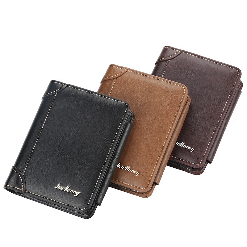 Wholesale Baellery Men's Short Business Zipper Multi Card Fashion Leather Moneybag Wallet