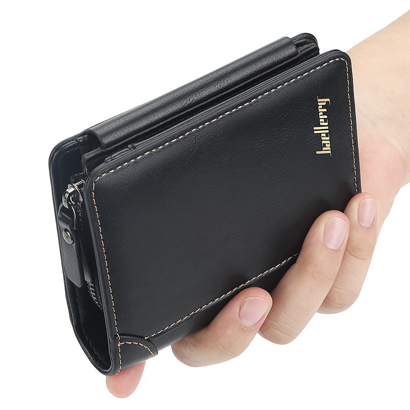 Wholesale Baellery Men's Short Business Zipper Multi Card Fashion Leather Moneybag Wallet