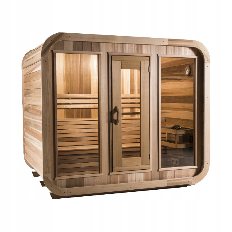 Custom Comfortable Wooden Cube Wet Steam Sauna Room With Harvia Sauna Stove And Tempered Glass Door