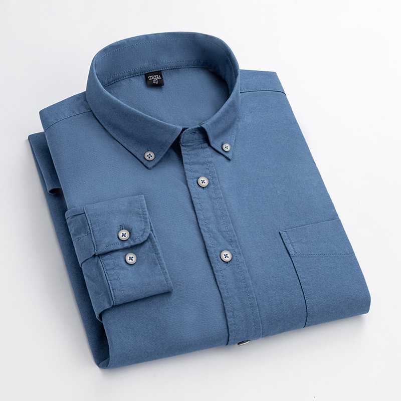 Wholesale new washed oxford cotton shirt button down collar anti-wrinkle and anti-shrinkage plain long-sleeved shirt