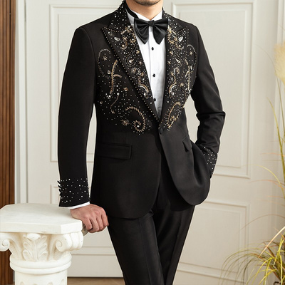 Tailor Made Rhinestone Shining Double Breasted Wedding Suit For MenGroom Luxury Prom Tuxedo Best Man Wedding Party Tuxedo