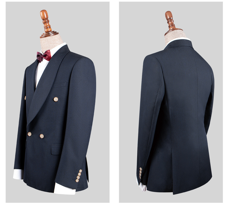 Slim Business gentlemen Groom Suit Top Men's Wedding Banquet navy blue double breasted shawl collar Suit