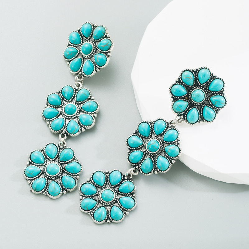 2024 Newest Hot Sell Bohemian Western Vintage Turquoise Cluster Drop Earrings