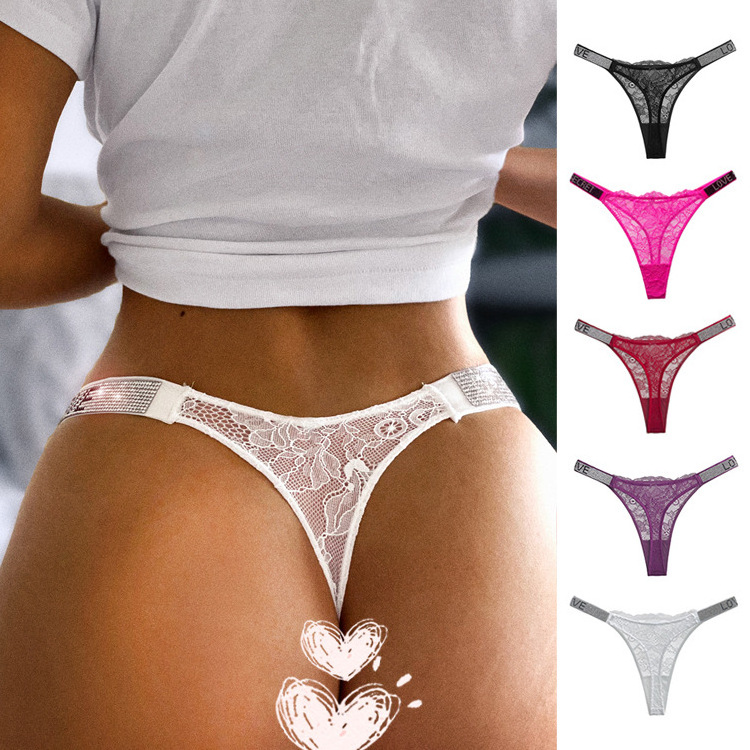 Custom Logo Thermal Leggings Private Labels Sexy Lace G-string Underwear Tangas Panties Rhinestone Letter Thong