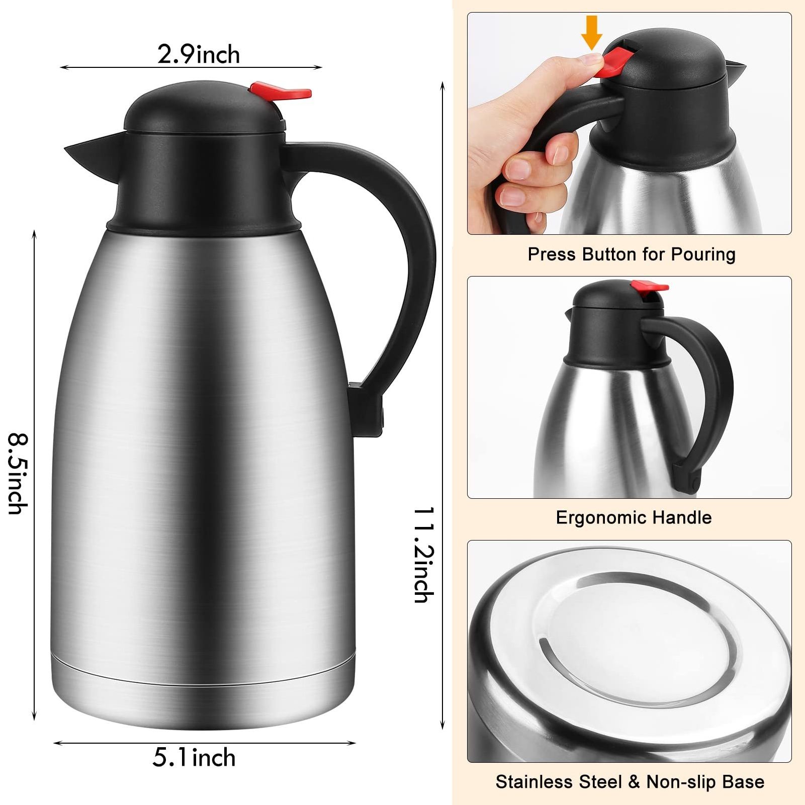 Thermal Coffee Carafe Triple Wall Vacuum insulated Flask Thermos keeping Beverages Hot and cold  Tea Water and Coffee Dispenser