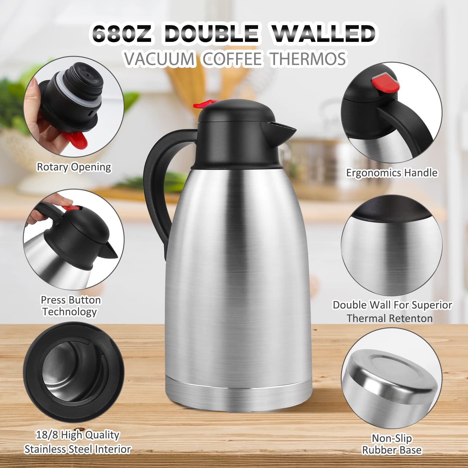 68oz Stainless Steel Thermal Coffee Carafe- Double Walled Vacuum Container w/Press Button Top Insulated Coffee Carafe