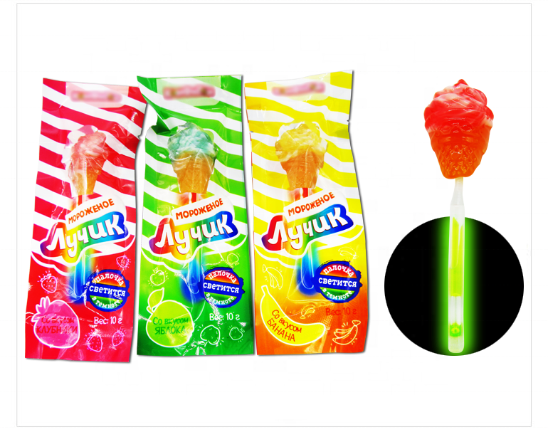 Candy factory wholesale hot selling delicious fun the latest candy ice cream shape fancy luminous glow stick lollipop