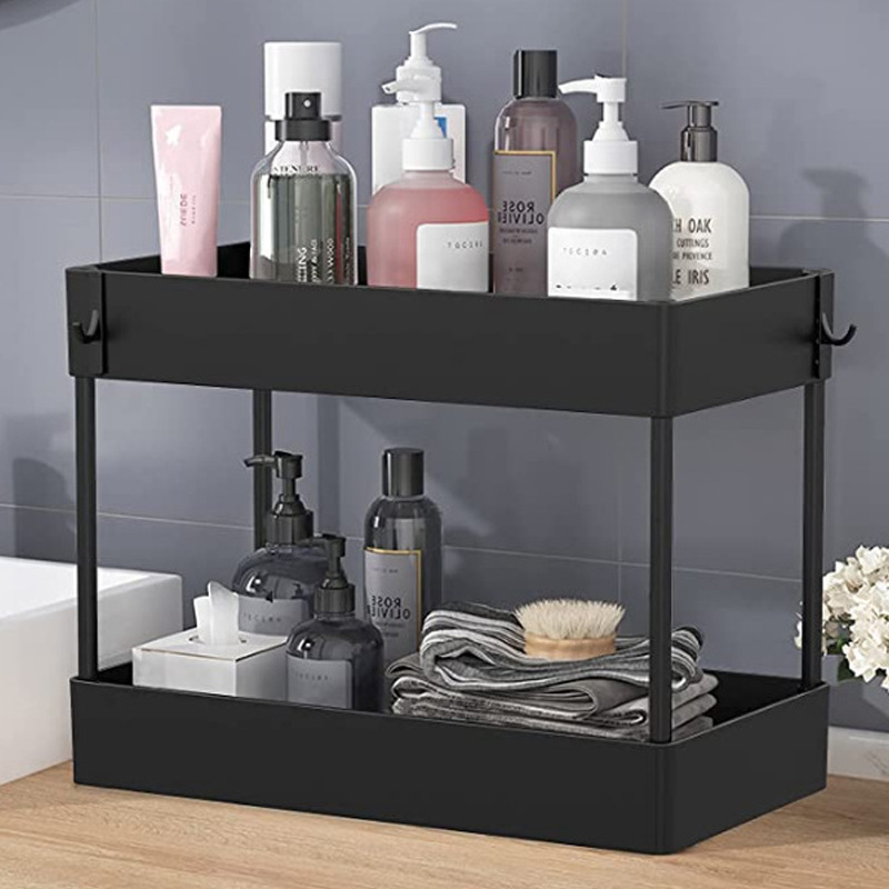 Under Sink Organizer Under Bathroom Sink Storage 2 Tier Organizer Bath Collection Baskets with Hooks Under Sink Shelf Organizer