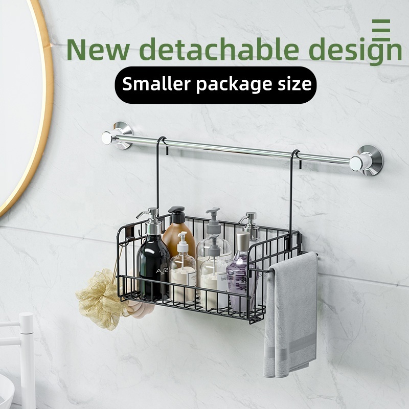 Bathroom Carbon Steel Metal Wall Mounted Organizer Detachable and Foldable Bathroom Basket with hooks