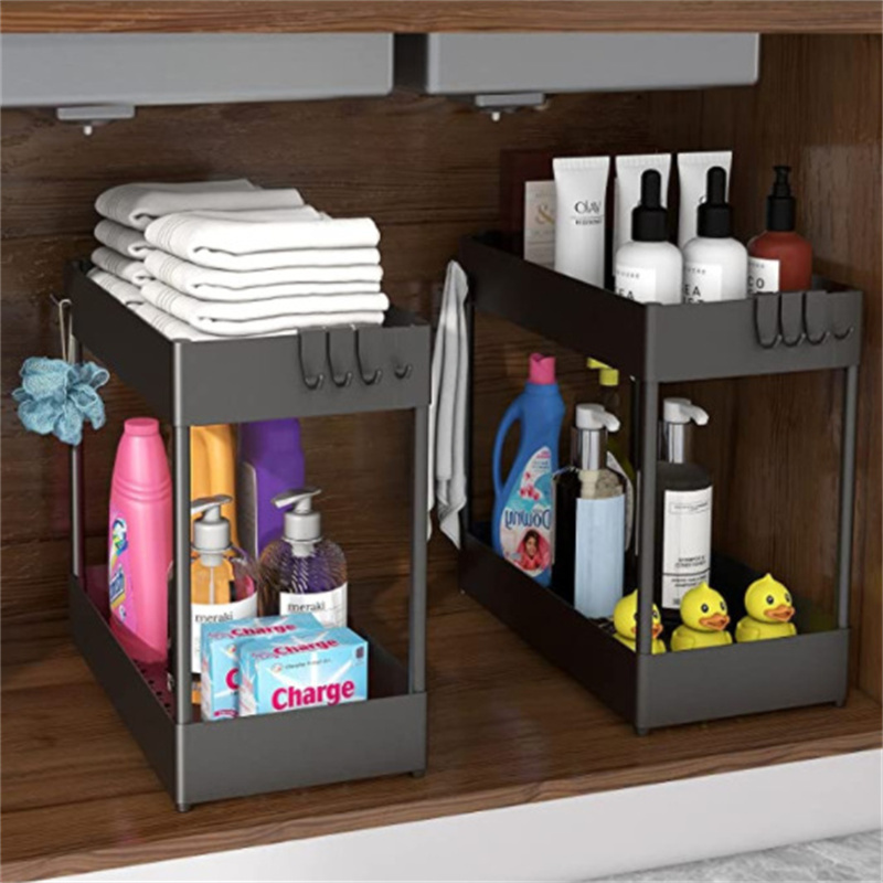 Under Sink Organizer Under Bathroom Sink Storage 2 Tier Organizer Bath Collection Baskets with Hooks Under Sink Shelf Organizer