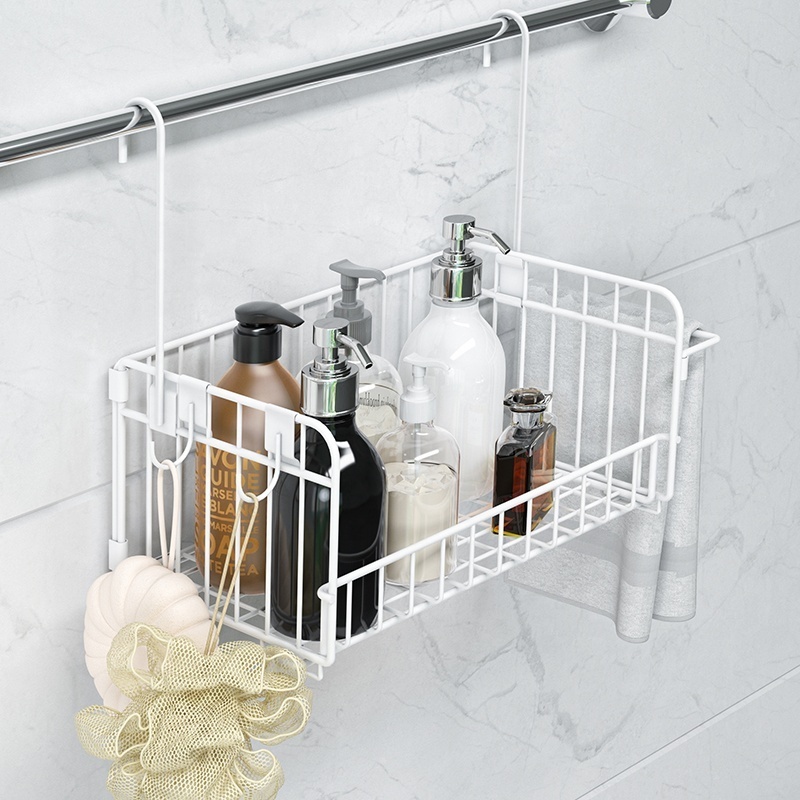 Bathroom Carbon Steel Metal Wall Mounted Organizer Detachable and Foldable Bathroom Basket with hooks