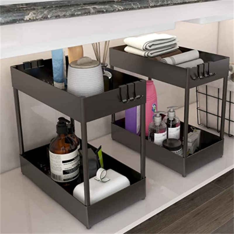 Under Sink Organizer Under Bathroom Sink Storage 2 Tier Organizer Bath Collection Baskets with Hooks Under Sink Shelf Organizer