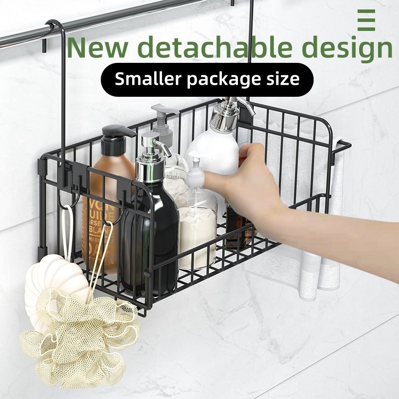 Bathroom Carbon Steel Metal Wall Mounted Organizer Detachable and Foldable Bathroom Basket with hooks