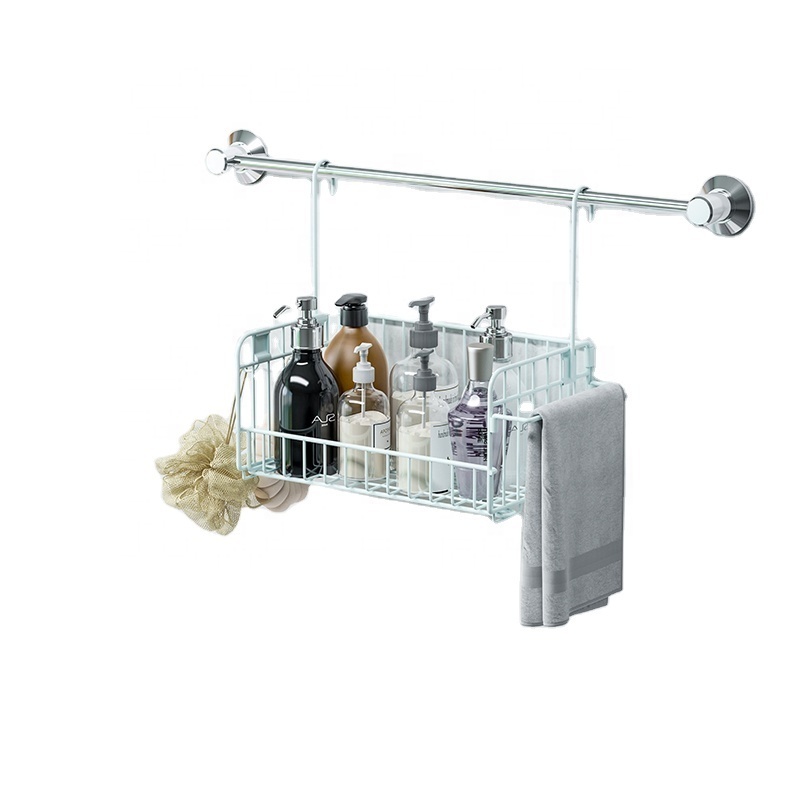 Bathroom Carbon Steel Metal Wall Mounted Organizer Detachable and Foldable Bathroom Basket with hooks