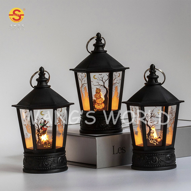 Flame Effect Hanging Halloween Pumpkin Lantern Light Skeleton Witch Hexagonal Wind Light