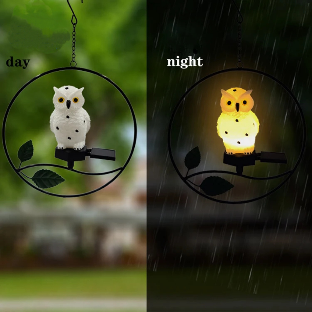 Waterproof LED Outdoor Garden Ornaments Resin Iron Owl Solar Hanging Lantern Lights