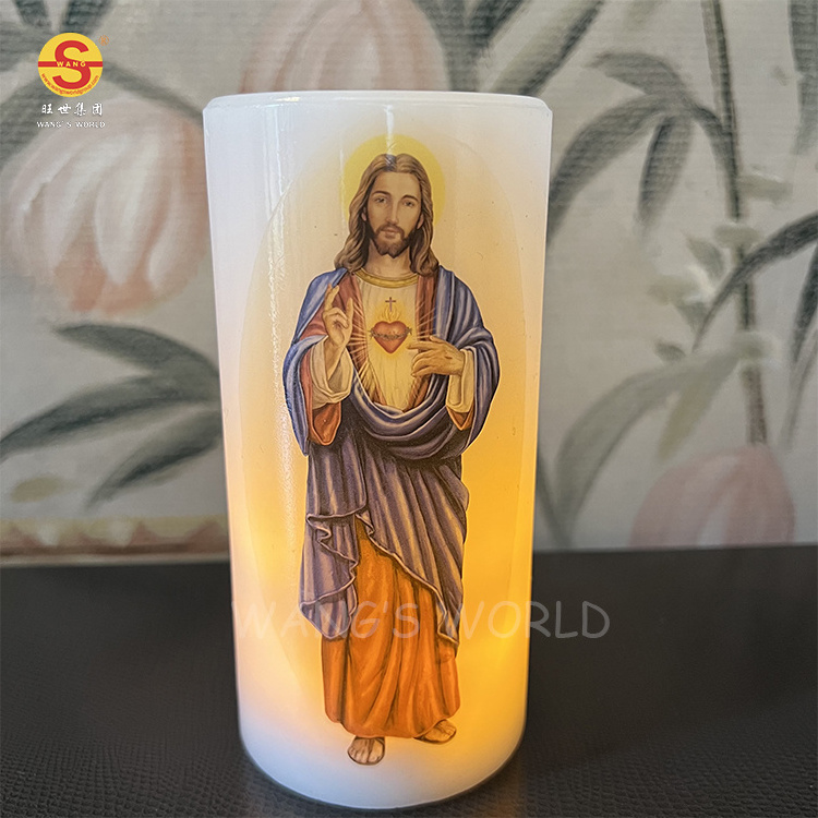 Religious Prayer Madonna Jesus Flameledss Candles D7.5*H15cm Swing Wick Wax Candle Battery