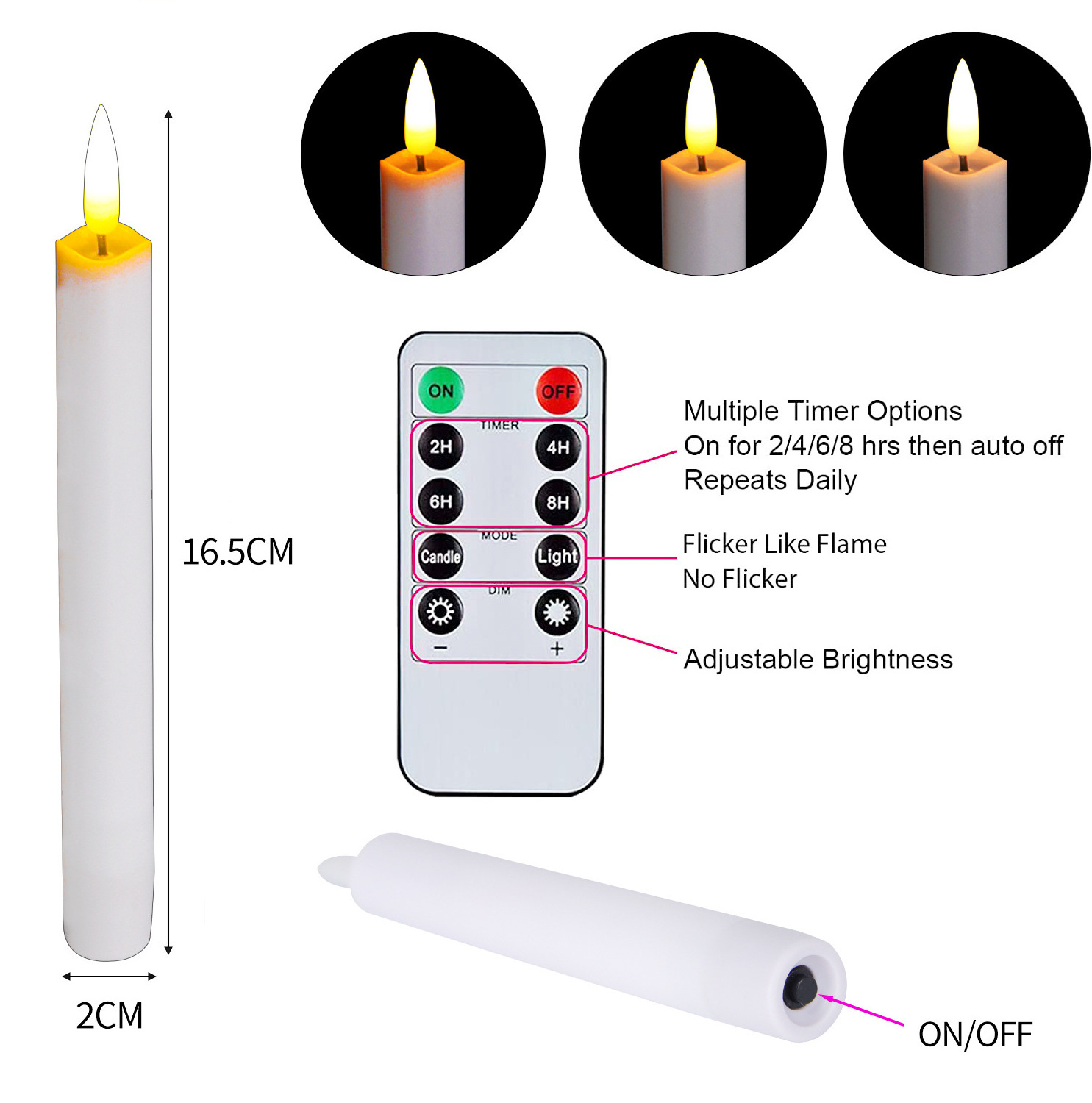 Electronic Flameless Taper Candles Plastic Long White LED Candle Sticks For Holiday Decoration