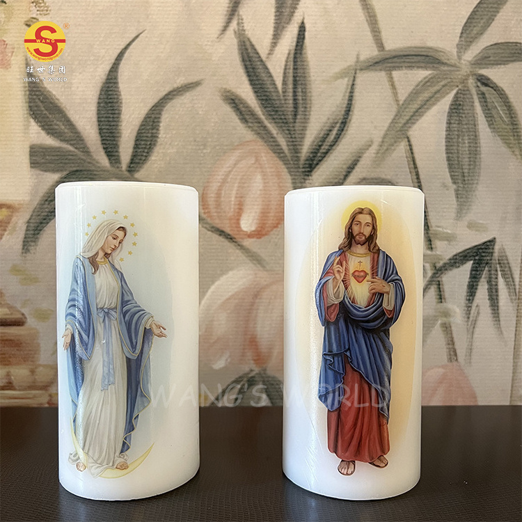 Religious Prayer Madonna Jesus Flameledss Candles D7.5*H15cm Swing Wick Wax Candle Battery