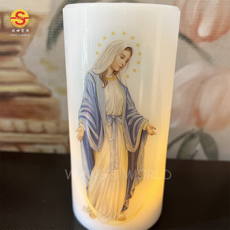 Religious Prayer Madonna Jesus Flameledss Candles D7.5*H15cm Swing Wick Wax Candle Battery