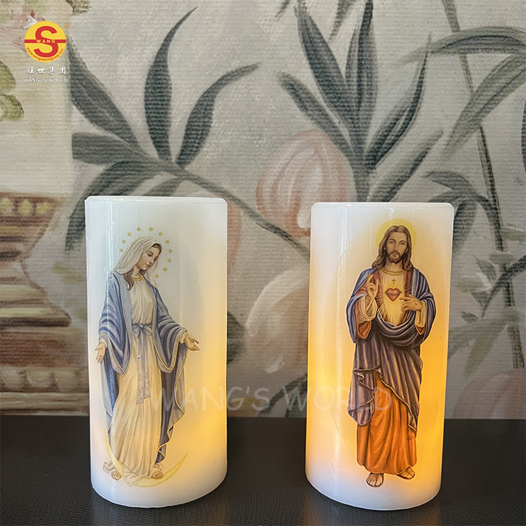 Religious Prayer Madonna Jesus Flameledss Candles D7.5*H15cm Swing Wick Wax Candle Battery