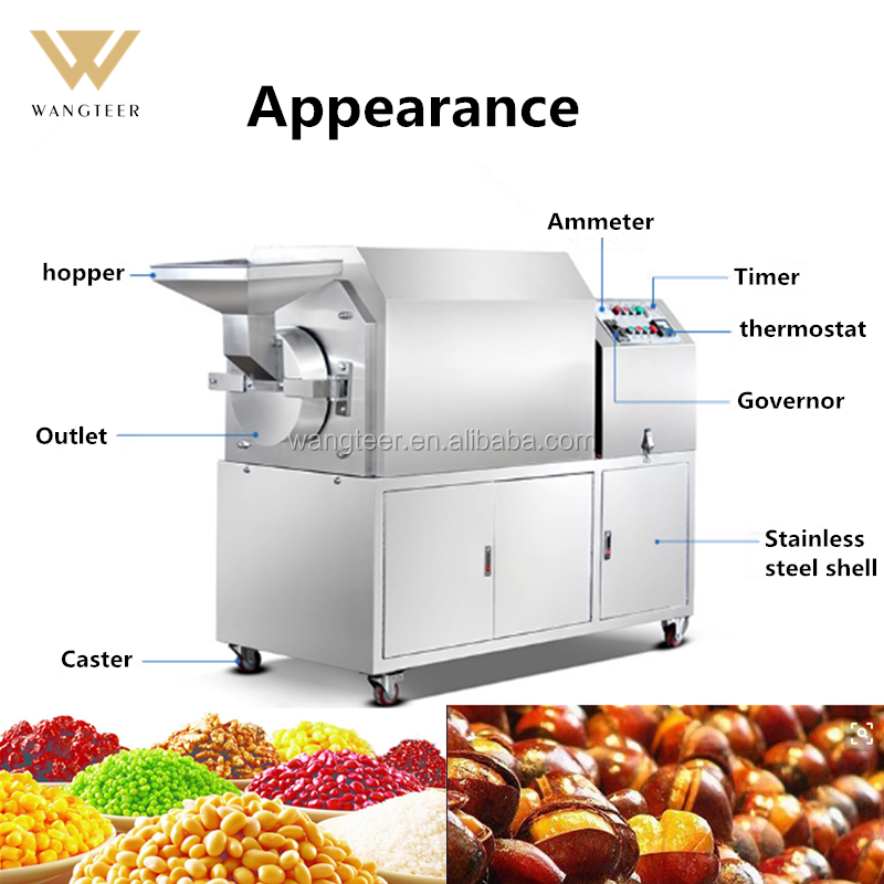 Automatic 25/50/100kg/h capacity gas electric model Wheat corn Sesame seed nuts cashew nut Peanut Roaster Machine