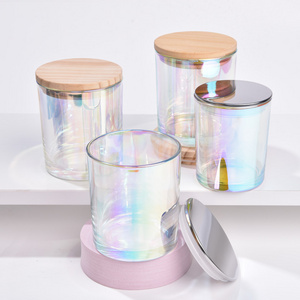 Wholesale Luxury Shiny Iridescent 7oz Rainbow Glass Candle Jar 8oz 10oz 14oz For Luxury Candles With Bamboo Wooden Metal Lid