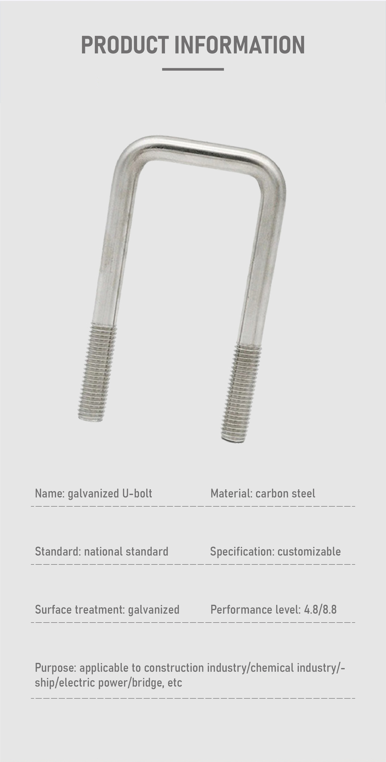 factory supplied Grade 4.8 6.8 8.8 10.9 12.9 galvanized right-angle square clamp U-shaped bolt