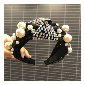 Wholesale Sweet Pearl Rhinestone Headband Fashion Handmade Top Knot Women Wide Headband