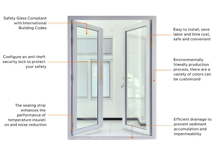 WANJIA Factory European Exterior House French PVC Doors UPVC Double Panel Glass Doors