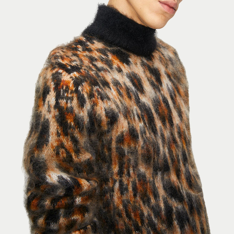 Mock neck long sleeve knitted turtleneck sweaters angora mohair pullover luxury designer leopard pattern jacquard-knit sweater