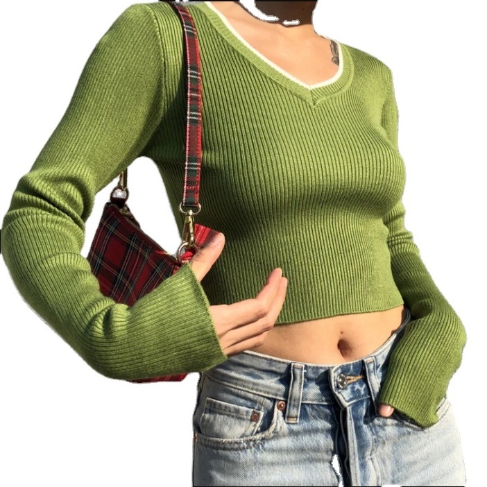 Sexy 2000s cropped ribbed sweater jumper green cropped top v neck long sleeve for women sweater