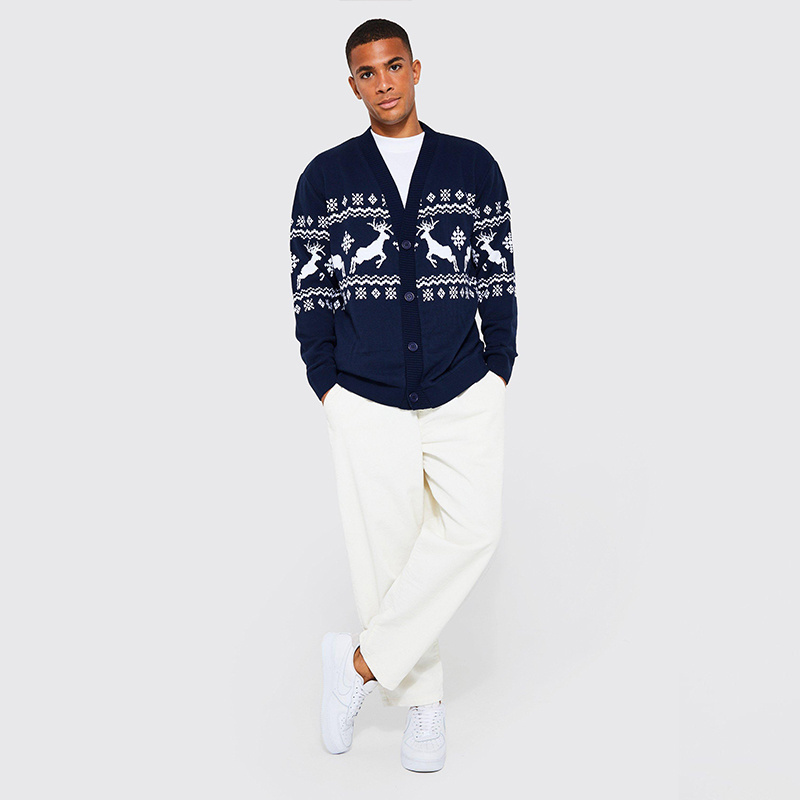 Men clothes fashion knitted sweater cardigans mens Reindeer fairisle cover button custom christmas sweater cardigan