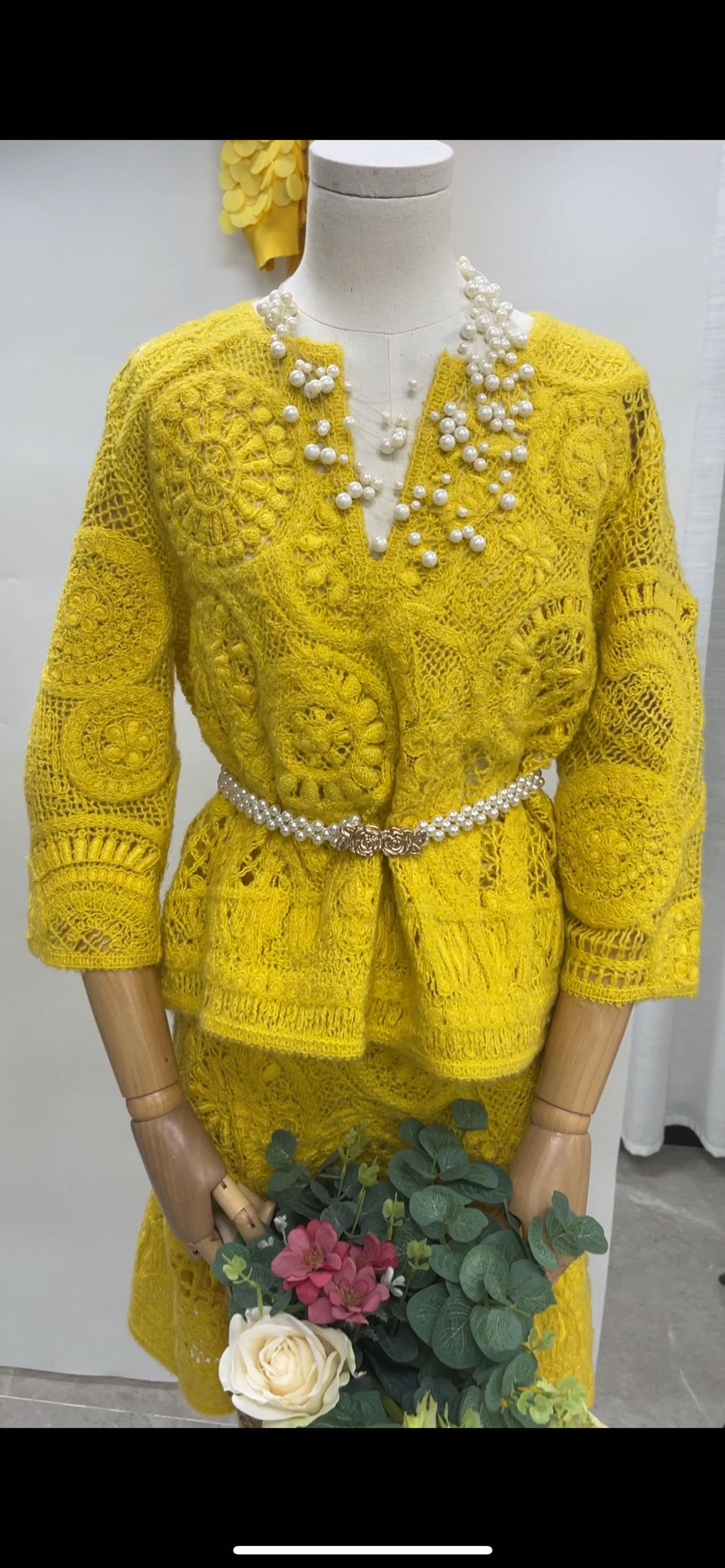 Crochet clothing handmade with pearl decoration 2 piece skirt set yellow ladies crochet pullover