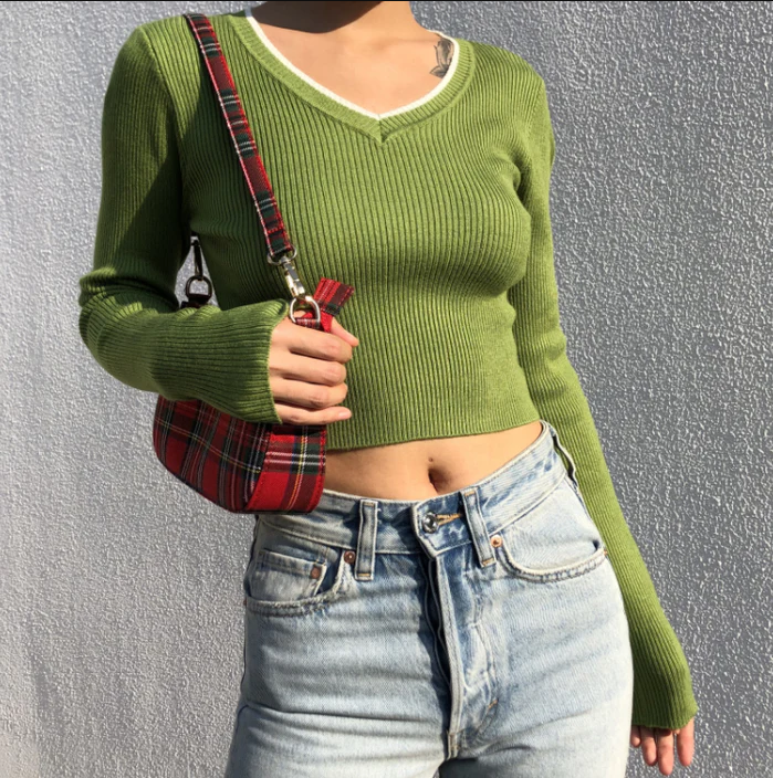 Sexy 2000s cropped ribbed sweater jumper green cropped top v neck long sleeve for women sweater