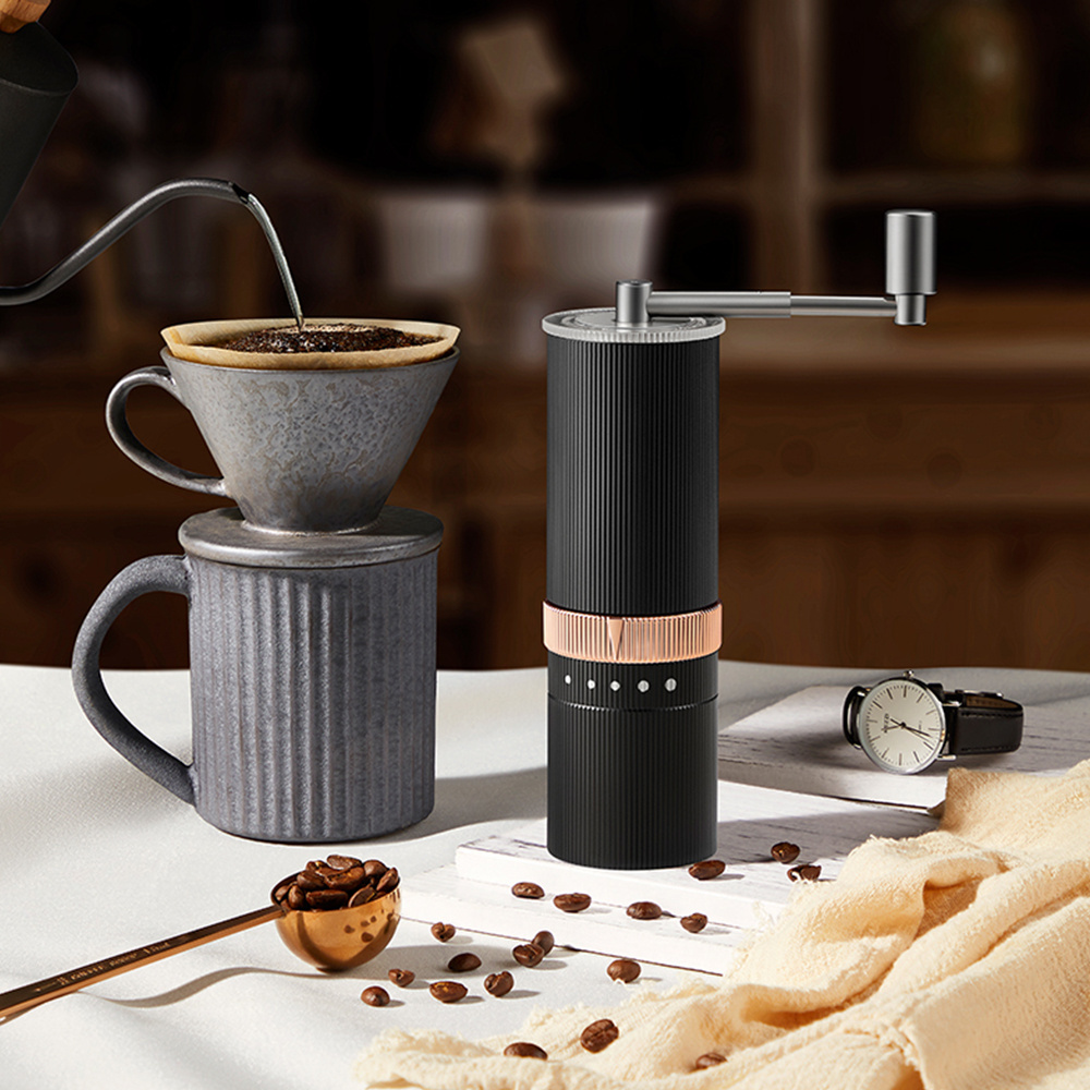 Folded handle metal body stainless steel burr coffee grinder coated CNC manual coffee grinder portable size outdoor use