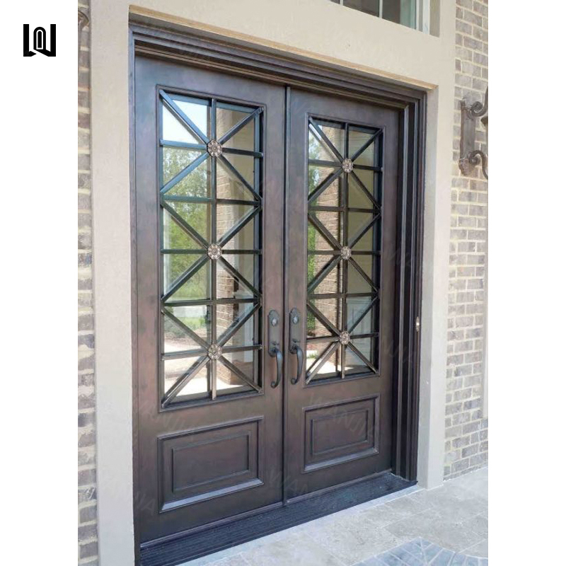 WANJIA customized exterior front entry doors grille design front iron door wrought iron french doors